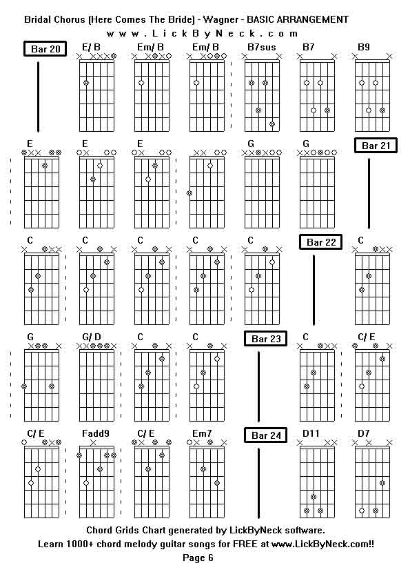 Chord Grids Chart of chord melody fingerstyle guitar song-Bridal Chorus (Here Comes The Bride) - Wagner - BASIC ARRANGEMENT,generated by LickByNeck software.